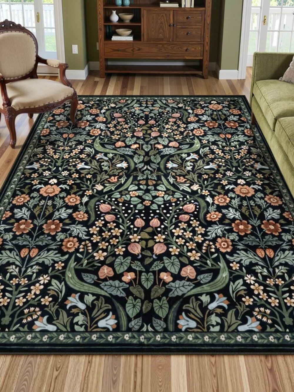 Dark Botanical Rug, 5x7 Washable Floral Area Rugs for Living Room